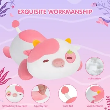 Mewaii Cute Cow Plush Pillow, Kawaii Plushies Strawberry Cow Stuffed Toys, Squishy Plushies, Cuddle Plush Pillow for Boys & Girls