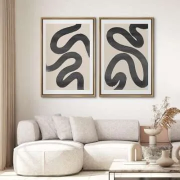 SIGNWIN Framed Wall Art Print Set Black Squiggly Lines Over Tan Background Abstract Swirly Digital A...