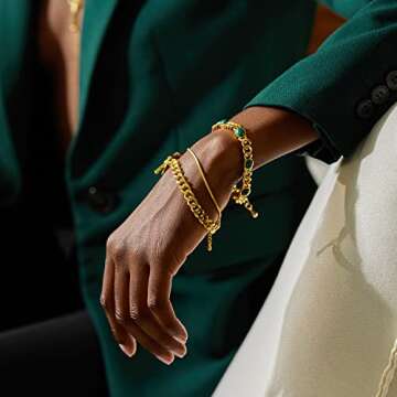 FRUMOS Dainty Layering Bracelets for Women 18 k Gold Plated Fashion Adjustable Chunky Cuban Paperclip Link Chain Bracelets Jewelry for Women Girls Gift (Colored stone knot Cuba chain)