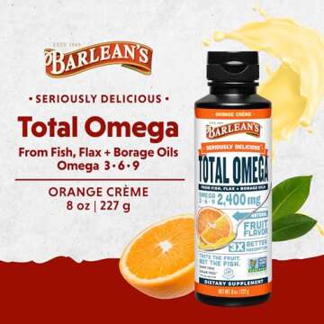 Barlean's Total Omega 3 6 9 Orange Crème Liquid Fish Oil Supplement with Borage and Flaxseed Oil, 2...