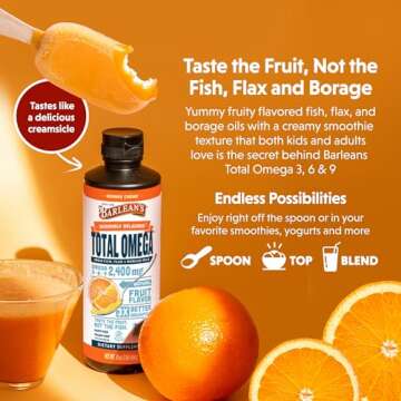 Barlean's Total Omega 3 6 9 Orange Crème Liquid Fish Oil Supplement with Borage and Flaxseed Oil, 2,400 mg of Omegas EPA and DHA Plus GLA for Joint and Heart Health, 8 oz