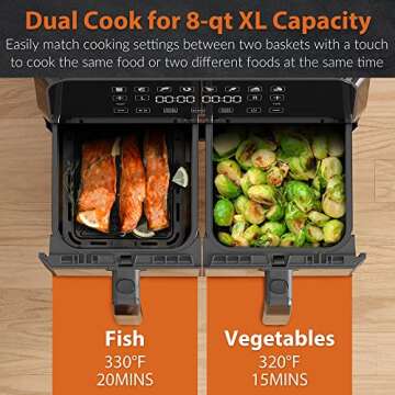 CROWNFUL 8 Quart Air Fryer, 8 in 1 Dual Basket with Independent Temperature Control(50+ Recipes), Dual Cook, Sync Finish and Shake Reminder Function, Dehydrate, 1700W, Black