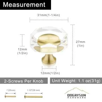 QOGRISUN 10-Pack Brass Crystal Cabinet Knobs,Glass Crystal Gold Drawer Knobs,1-1/4-Inch Polygon,Decorative Dresser Pulls, Modern Cabinet Hardware