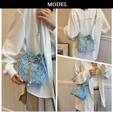 Extolove Denim Bucket Bag, Jean Purses for Women Denim Crossbody Bags Hobo Bag Drawstring Handbag (B...