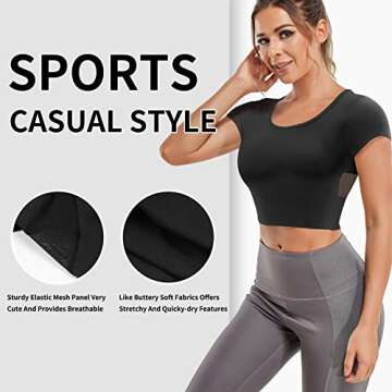 TrainingGirl Women's Slim Fit Workout Tops Mesh Back Yoga Crop Tops Short Sleeve Athletic Gym Fitness Shirt with Built in Bra (Black, Small)
