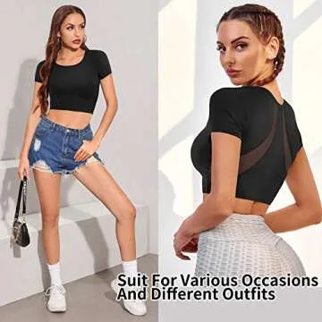 TrainingGirl Women's Slim Fit Workout Tops Mesh Back Yoga Crop Tops Short Sleeve Athletic Gym Fitness Shirt with Built in Bra (Black, Small)