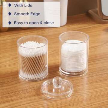 Wellinc Qtip Holder Dispenser for Cotton Ball, Cotton Swab, Cotton Round Pads, Floss - 10 oz Clear P...