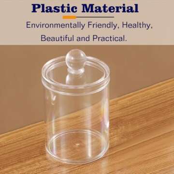 Wellinc Qtip Holder Dispenser for Cotton Ball, Cotton Swab, Cotton Round Pads, Floss - 10 oz Clear Plastic Apothecary Jar Set for Bathroom Canister Storage Organization, Vanity Makeup Organizer