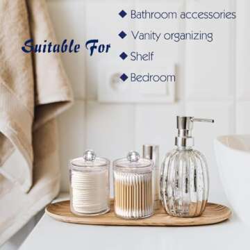 Wellinc Qtip Holder Dispenser for Cotton Ball, Cotton Swab, Cotton Round Pads, Floss - 10 oz Clear Plastic Apothecary Jar Set for Bathroom Canister Storage Organization, Vanity Makeup Organizer