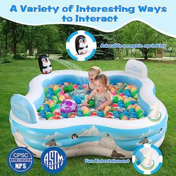 Inflatable Pool with Seats, Jhunswen 91" x 91"x 20" Above Ground Backyard Pool with Penguin Sprinkler Backrests Toss Rings, Water Play Center Park for Kids Adults Family Patio Garden Outside