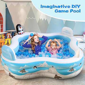 Inflatable Pool with Seats, Jhunswen 91" x 91"x 20" Above Ground Backyard Pool with Penguin Sprinkler Backrests Toss Rings, Water Play Center Park for Kids Adults Family Patio Garden Outside