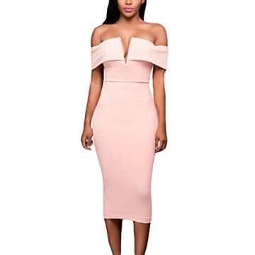 Alvaq Women's Sexy V Neck Off The Shoulder Evening Bodycon Club Midi Dress, Peach, X-Large