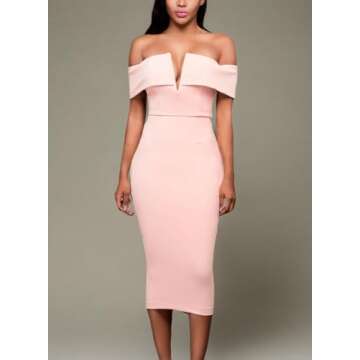 Alvaq Women's Sexy V Neck Off The Shoulder Evening Bodycon Club Midi Dress, Peach, X-Large