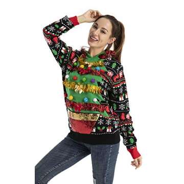 Unisex Women's Ugly Christmas Sweater Funny Santa Reindeer Hoodie Jumper Novelty Knit Pullover (Medi...