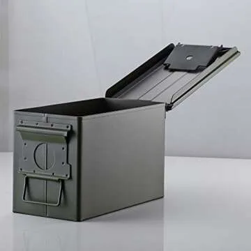 50 Cal Ammo Can Holder Box (Army Green) - Airtight & Watertight Metal Ammo Storage Box w/Hinged Lid, Locking Latch – Ideal Ammo Can Surplus for Firearms, Tactical Gear & Survival Supplies