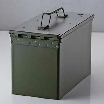 50 Cal Ammo Can Holder Box (Army Green) - Airtight & Watertight Metal Ammo Storage Box w/Hinged Lid, Locking Latch – Ideal Ammo Can Surplus for Firearms, Tactical Gear & Survival Supplies