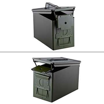 50 Cal Ammo Can Holder Box (Army Green) - Airtight & Watertight Metal Ammo Storage Box w/Hinged Lid, Locking Latch – Ideal Ammo Can Surplus for Firearms, Tactical Gear & Survival Supplies
