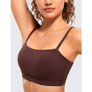 CRZ YOGA Butterluxe Womens Adjustable Spaghetti Thin Strap Sports Bra - Padded Wireless Square Neck Workout Yoga Clothes Taupe Small