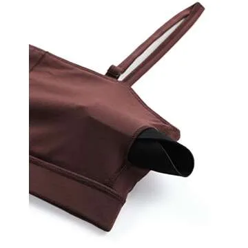 CRZ YOGA Butterluxe Womens Adjustable Spaghetti Thin Strap Sports Bra - Padded Wireless Square Neck Workout Yoga Clothes Taupe Small