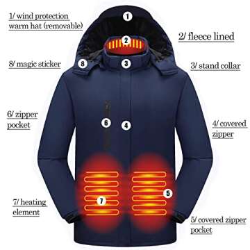 TAMEYA Mens Heated Jackets Detachable Hood, Washable Lightweight Zip Winter Jackets Coat with 3 Heating Levels & 9 Heating Zones (Navy,M)