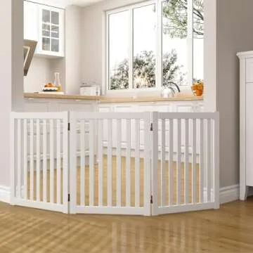 WELLAND Wooden Freestanding Pet Gate, 24 Inch 3 Panel Step Over Fence, Expands Up to 60" Wide, Folda...