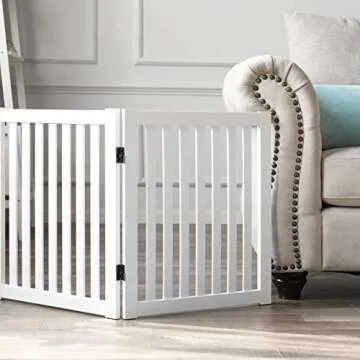 WELLAND Wooden Freestanding Pet Gate, 24 Inch 3 Panel Step Over Fence, Expands Up to 60" Wide, Foldable Indoor Dog Gate Puppy Safety Fence, White