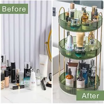 INVSSENE 360° Rotating Makeup Organizer, Bathroom Make Up Spinning Holder Rack, Large Capacity Cosmetics Storage Vanity Shelf Countertop, Fits Cosmetics, Perfume, Skincare(3 Tiers, Green)