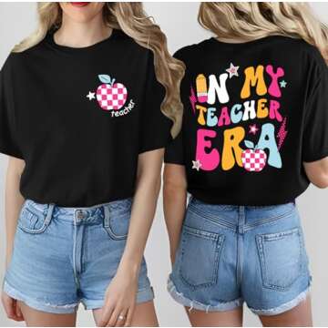 Teacher Shirt Women in My Teacher Era T Shirt Funny Teacher Graphic Tees Short Sleeve T-Shirt Teacher Gifts Tops(Black, XX-Large)