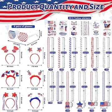 Blowata 90PCS 4th of July Set, Patriotic Headbands Bead Necklaces Face Tattoos Shutter Glasses for I...
