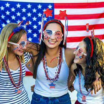 Blowata 90PCS 4th of July Set, Patriotic Headbands Bead Necklaces Face Tattoos Shutter Glasses for Independence Day, Accessories for Parade and Party