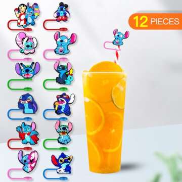 Garetheora 12Pcs Cartoon Straw Covers Cap for Tumblers Cup, 8mm Cartoon Straw Topper, Silicone Straw Tip Covers for Drinking Straws (12Pcs Cartoon 8mm)