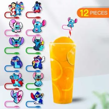 Garetheora 12Pcs Cartoon Straw Covers Cap for Tumblers Cup, 8mm Cartoon Straw Topper, Silicone Straw Tip Covers for Drinking Straws (12Pcs Cartoon 8mm)