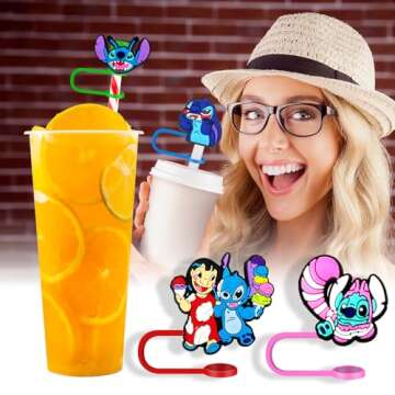 Garetheora 12Pcs Cartoon Straw Covers Cap for Tumblers Cup, 8mm Cartoon Straw Topper, Silicone Straw Tip Covers for Drinking Straws (12Pcs Cartoon 8mm)