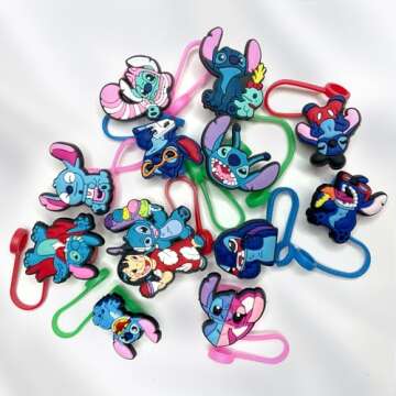 Garetheora 12Pcs Cartoon Straw Covers Cap for Tumblers Cup, 8mm Cartoon Straw Topper, Silicone Straw Tip Covers for Drinking Straws (12Pcs Cartoon 8mm)