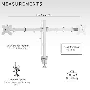 VIVO Dual Monitor Desk Mount, Heavy Duty Fully Adjustable Stand, Fits 2 LCD LED Screens up to 32 inches, White, STAND-V032W