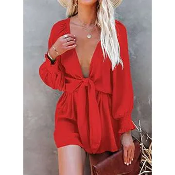 AlvaQ Red Jumpsuits for Women 2024 Fashion Summer Solid Color Flowy Wide Leg Romper Spring Puff Long Sleeve Tie Knot Front V Neck Shorts with Pockets Medium