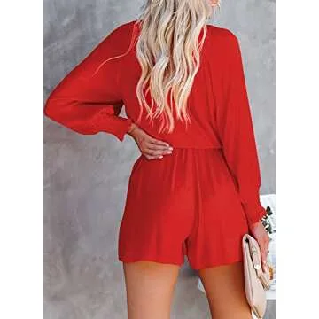 AlvaQ Red Jumpsuits for Women 2024 Fashion Summer Solid Color Flowy Wide Leg Romper Spring Puff Long Sleeve Tie Knot Front V Neck Shorts with Pockets Medium