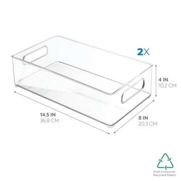 iDesign Plastic Pantry and Kitchen Storage Freezer and Fridge Organizer Bin with Easy Grip Handles, 14.5" x 8" x 4", Clear, 2 Count