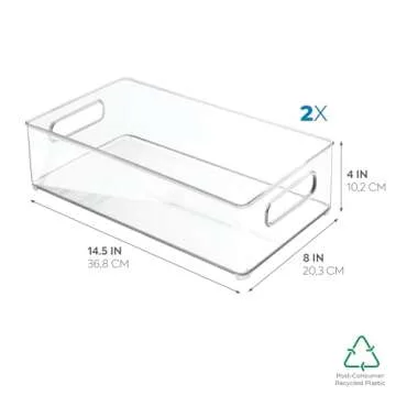 iDesign Plastic Pantry and Kitchen Storage Freezer and Fridge Organizer Bin with Easy Grip Handles, 14.5" x 8" x 4", Clear, 2 Count