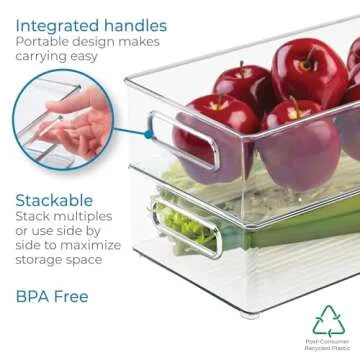 iDesign Plastic Pantry and Kitchen Storage Freezer and Fridge Organizer Bin with Easy Grip Handles, 14.5" x 8" x 4", Clear, 2 Count
