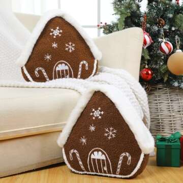 Anglechic 2 Pcs Christmas Gingerbread House Pillows Decorative Shaped Throw Pillows Merry Christmas Stuffed Wool Soft Xmas Plush Cushion for Sofa Couch Bedroom Livingroom