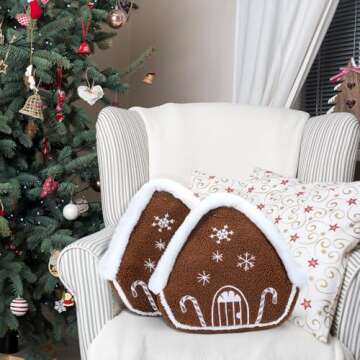 Anglechic 2 Pcs Christmas Gingerbread House Pillows Decorative Shaped Throw Pillows Merry Christmas Stuffed Wool Soft Xmas Plush Cushion for Sofa Couch Bedroom Livingroom