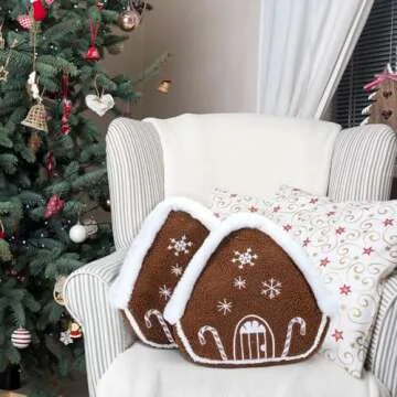 Anglechic 2 Pcs Christmas Gingerbread House Pillows Decorative Shaped Throw Pillows Merry Christmas Stuffed Wool Soft Xmas Plush Cushion for Sofa Couch Bedroom Livingroom