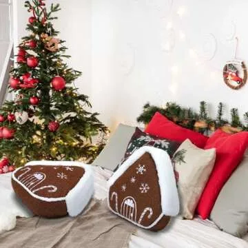 Anglechic 2 Pcs Christmas Gingerbread House Pillows Decorative Shaped Throw Pillows Merry Christmas Stuffed Wool Soft Xmas Plush Cushion for Sofa Couch Bedroom Livingroom