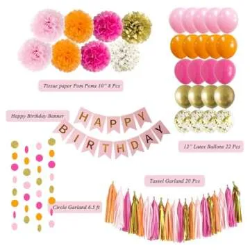 ANSOMO Vibrant Pink and Orange Happy Birthday Party Supplies with Balloons and Tassel Garland