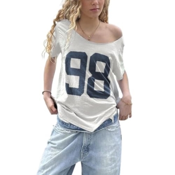 Hesaco Womens Graphic Tees - Oversized Jersey Off Shoulder Top Jersey Top Coquette Clothes Y2k Stree...