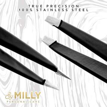 By MILLY Precision Tweezers Set | Slanted and Pointed Tip Tweezers Kit | High Carbon Stainless Steel | Aligned & Hand-Filed Tweezer Set Professional | Hair Removal & Eyebrow Tweezer Set | Black