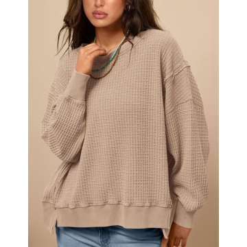 PRETTYGARDEN Women's Oversized Crewneck Sweatshirts Fall Fashion Casual Long Sleeve Pullover Waffle Knit Spring Shirts Top (Apricot,Small)