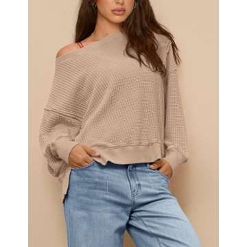 PRETTYGARDEN Women's Oversized Crewneck Sweatshirts Fall Fashion Casual Long Sleeve Pullover Waffle Knit Spring Shirts Top (Apricot,Small)