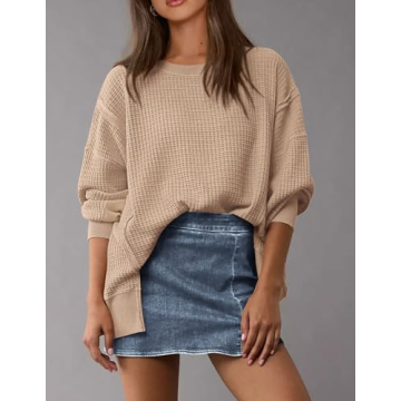PRETTYGARDEN Women's Oversized Crewneck Sweatshirts Fall Fashion Casual Long Sleeve Pullover Waffle Knit Spring Shirts Top (Apricot,Small)